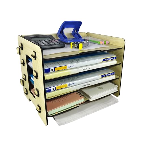 Woodkey Office File Tray – A4 Desk Tidy Organiser with| 4-Tier Document, Paper & Letter Tray | Multipurpose Desk Storage Rack for Home & Office (Intal beech) - Image 1