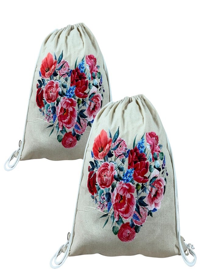 Madosh Women’s Cotton Floral Heart Print Drawstring Backpack | Eco-Friendly Shoulder Bag for Gym, Travel, Shopping & Outdoor Use Pack Of Two (18x16) - Image 1