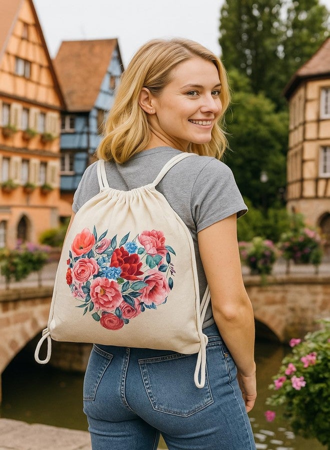 Madosh Women’s Cotton Floral Heart Print Drawstring Backpack | Eco-Friendly Shoulder Bag for Gym, Travel, Shopping & Outdoor Use Pack Of Two (18x16) - Image 2