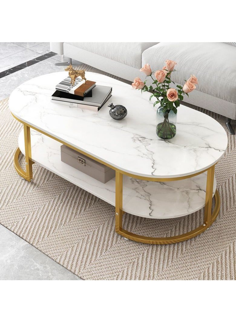 DubaiGallery Simple and modern marble pattern top coffee table with gold metal frame Two tiers of shelving space for storage and display Suitable for use in living room - Image 1