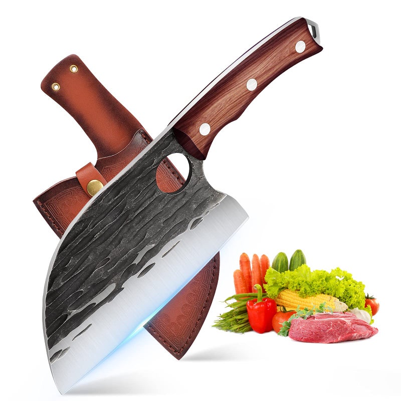 ROCOCO Serbian Chef Knife 6.5" Butcher Knife Japanese Full Tang Boning Chopping Viking Cleaver with Sheath for Kitchen Outdoor BBQ Camping Father Mother Christmas Gift Gift Men - Image 1