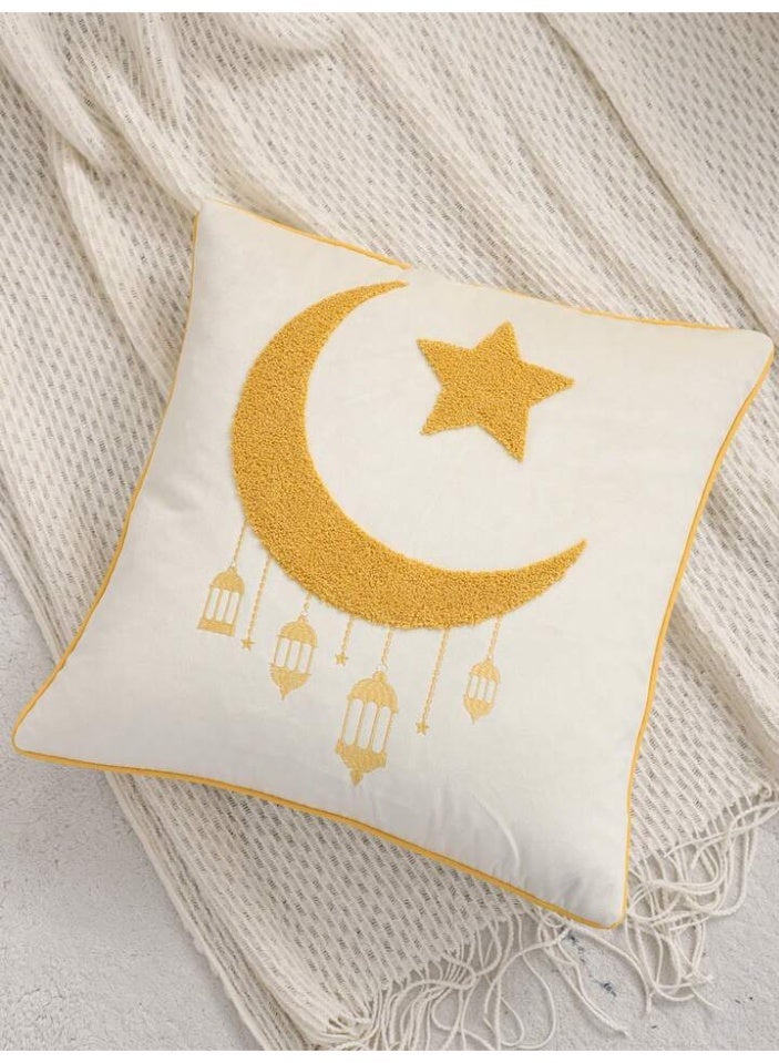 AL-HRAER Elegant Ramadan Embroidered Cushion Cover with Crescent Moon and Lantern Designs, Made from Premium Fabric – 45×45 cm - Image 2