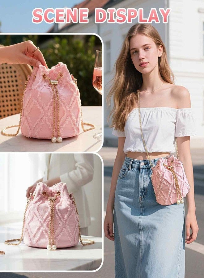 Waaqkid Jean Purses for Women, Denim Quilted Drawstring Crossbody Bags Bucket (Pink) - Image 2