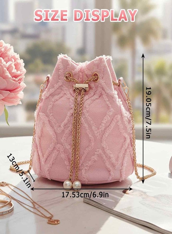 Waaqkid Jean Purses for Women, Denim Quilted Drawstring Crossbody Bags Bucket (Pink) - Image 3