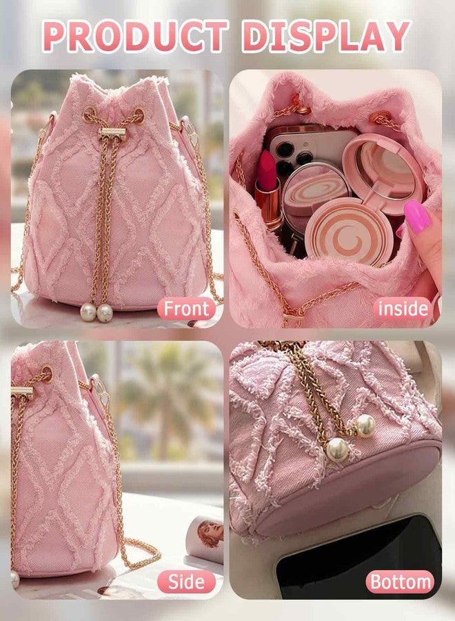 Waaqkid Jean Purses for Women, Denim Quilted Drawstring Crossbody Bags Bucket (Pink) - Image 4