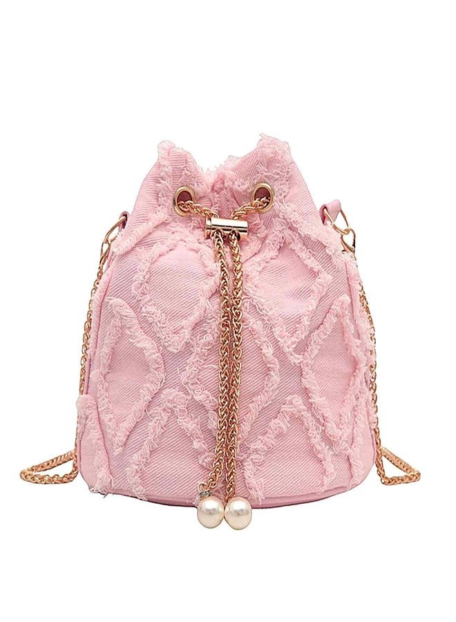 Waaqkid Jean Purses for Women, Denim Quilted Drawstring Crossbody Bags Bucket (Pink) - Image 1