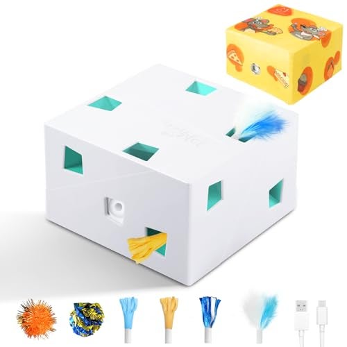 Migipaws Automatic MigiBox Plus Cat Toys 3 n1 Interactive Pounce Mystery Under PopSkin 12 Holes Cardboard Kitten Toys for Indoor Rechargable 8 AccessoriesWhite - Image 1