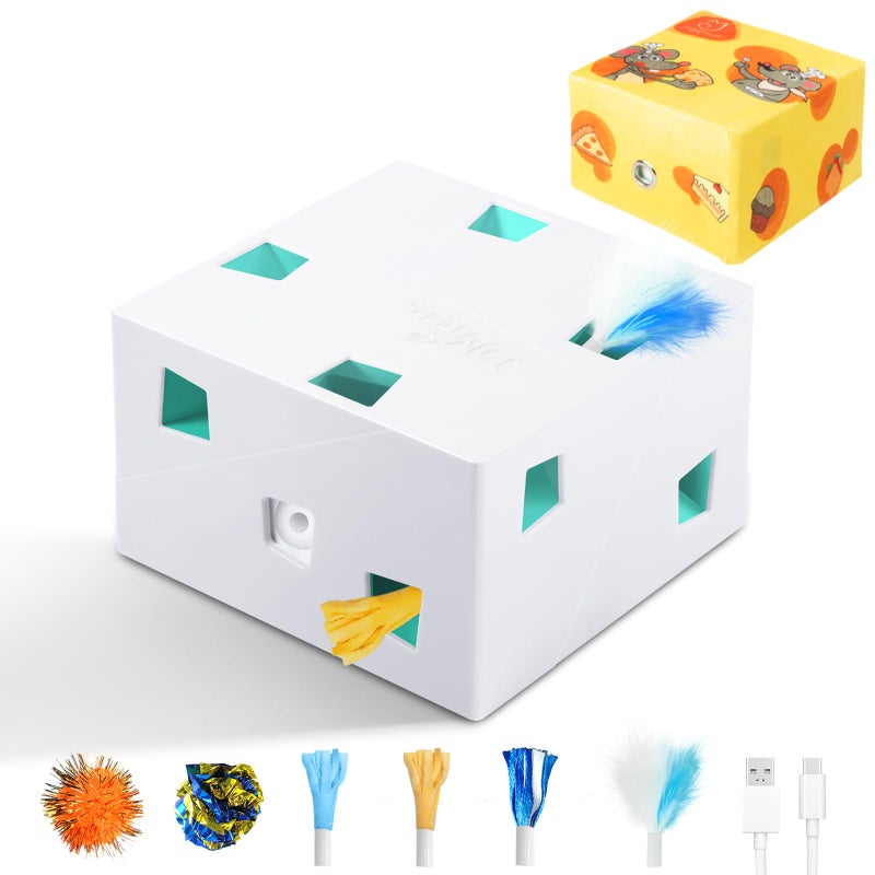 Migipaws Automatic MigiBox Plus Cat Toys 3 n1 Interactive Pounce Mystery Under PopSkin 12 Holes Cardboard Kitten Toys for Indoor Rechargable 8 AccessoriesWhite - Image 2