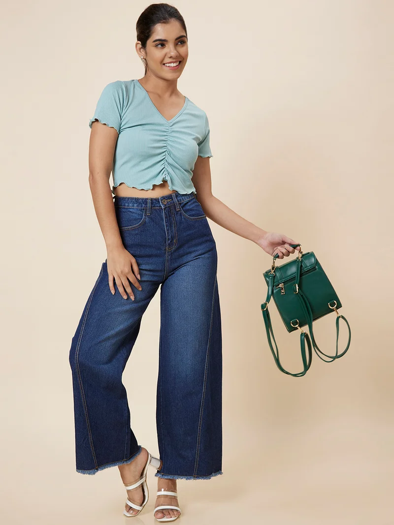 Women Green V-Neck Ruched Crop Top