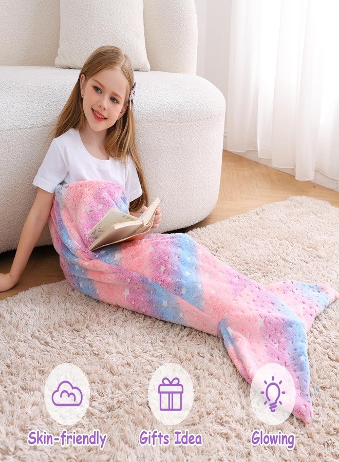 Softan Kids Mermaid Tail Blanket, Glow in The Dark Toddler Mermaid Blanket with Glittering Stars and Rainbow Ombre Fish Scale Design - 17" x 39" - Image 4