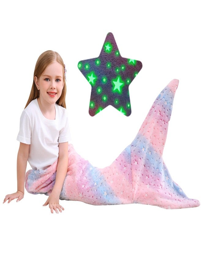 Softan Kids Mermaid Tail Blanket, Glow in The Dark Toddler Mermaid Blanket with Glittering Stars and Rainbow Ombre Fish Scale Design - 17" x 39" - Image 1
