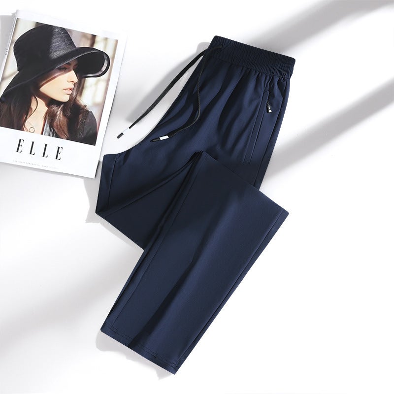 New Ice Silk Thin Casual Sports Loose Pants For Men With Straight Cuffs, Front And Back Pockets, Nylon High Elastic Trousers - Image 3