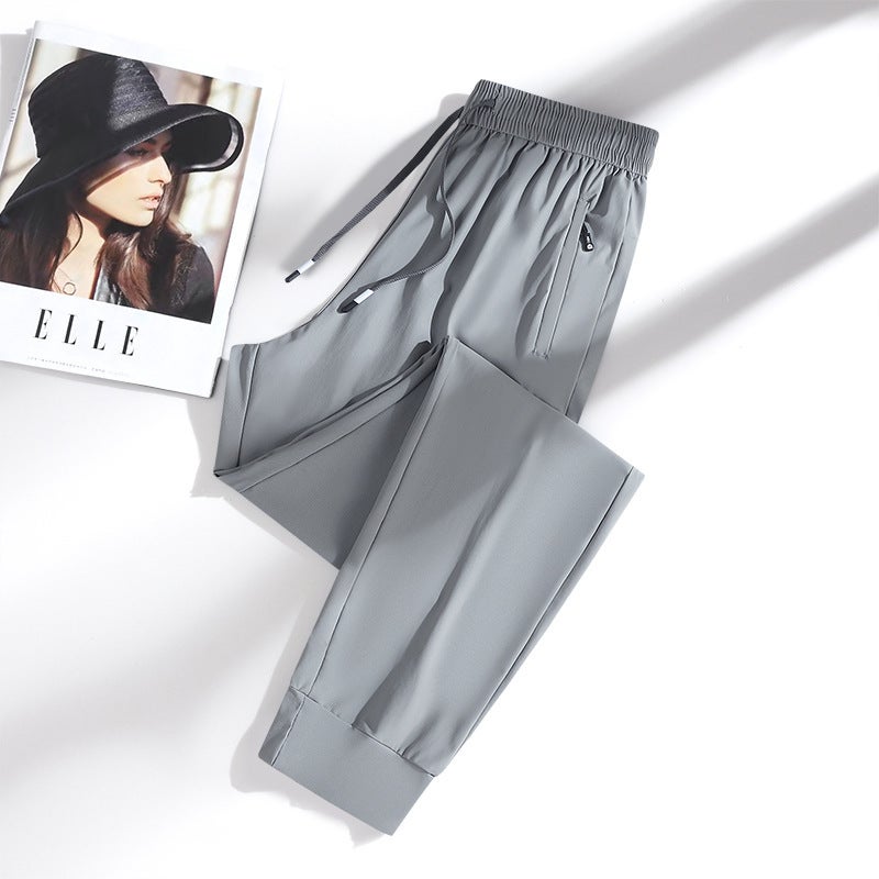 New Ice Silk Thin Casual Sports Loose Pants For Men With Straight Cuffs, Front And Back Pockets, Nylon High Elastic Trousers - Image 1