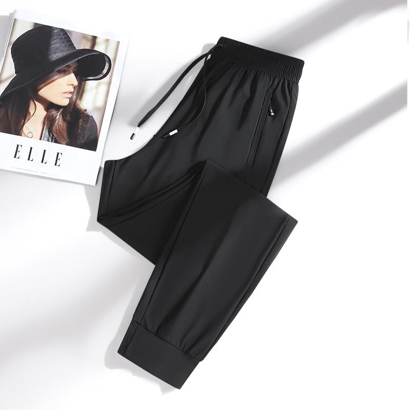 New Ice Silk Thin Casual Sports Loose Pants For Men With Straight Cuffs, Front And Back Pockets, Nylon High Elastic Trousers - Image 5