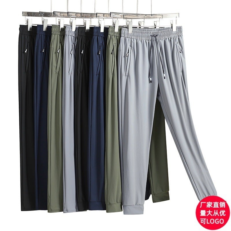 New Ice Silk Thin Casual Sports Loose Pants For Men With Straight Cuffs, Front And Back Pockets, Nylon High Elastic Trousers - Image 2