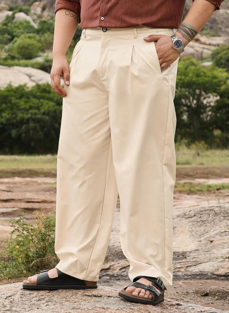 Instafab Plus  Instafab Men's Off-White Pleated Straight-Fit Tailoured Trousers | Mid Rise , Straight Hem , Button Closure | Solid Plain | Polyester Blend Trousers For Casual Wear for Men | Best Price UAE