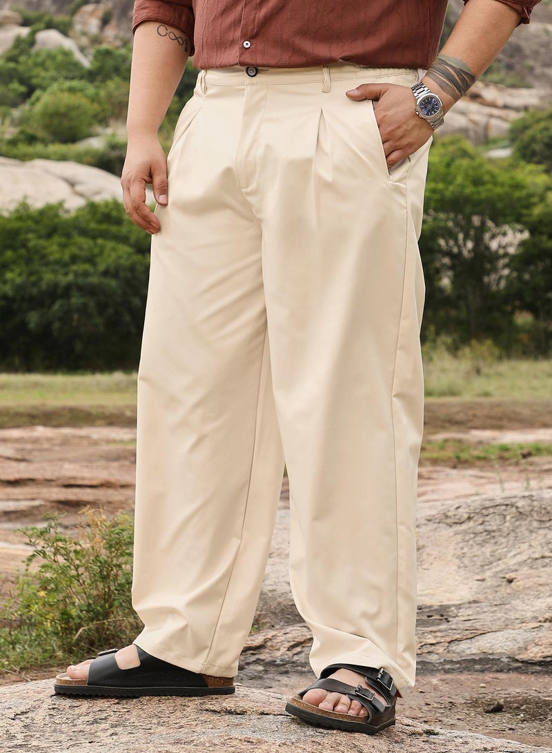 Instafab Plus Instafab Men's Off-White Pleated Straight-Fit Tailoured Trousers | Mid Rise , Straight Hem , Button Closure | Solid Plain | Polyester Blend Trousers For Casual Wear - Image 3