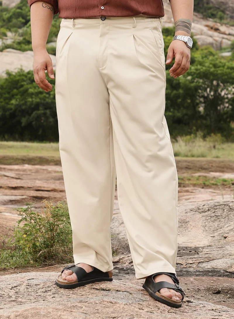 Instafab Plus Instafab Men's Off-White Pleated Straight-Fit Tailoured Trousers | Mid Rise , Straight Hem , Button Closure | Solid Plain | Polyester Blend Trousers For Casual Wear