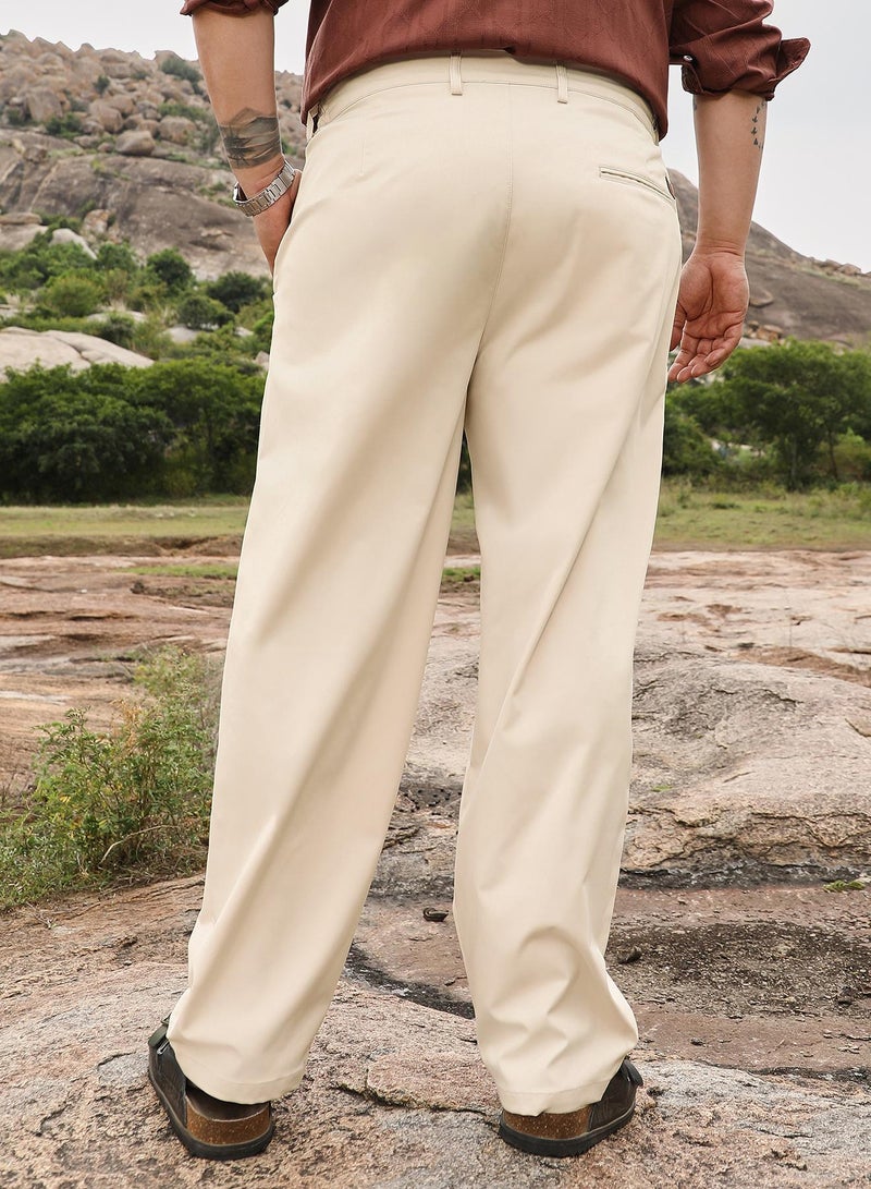 Instafab Plus Instafab Men's Off-White Pleated Straight-Fit Tailoured Trousers | Mid Rise , Straight Hem , Button Closure | Solid Plain | Polyester Blend Trousers For Casual Wear - Image 5