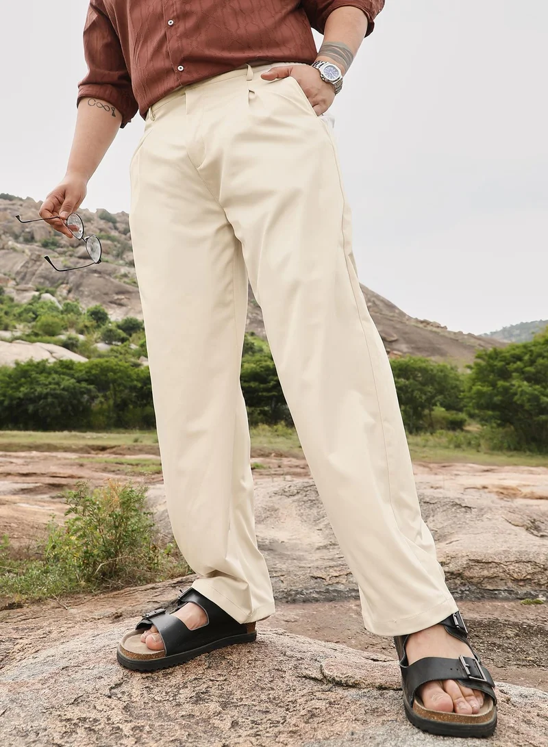 Instafab Plus Instafab Men's Off-White Pleated Straight-Fit Tailoured Trousers | Mid Rise , Straight Hem , Button Closure | Solid Plain | Polyester Blend Trousers For Casual Wear