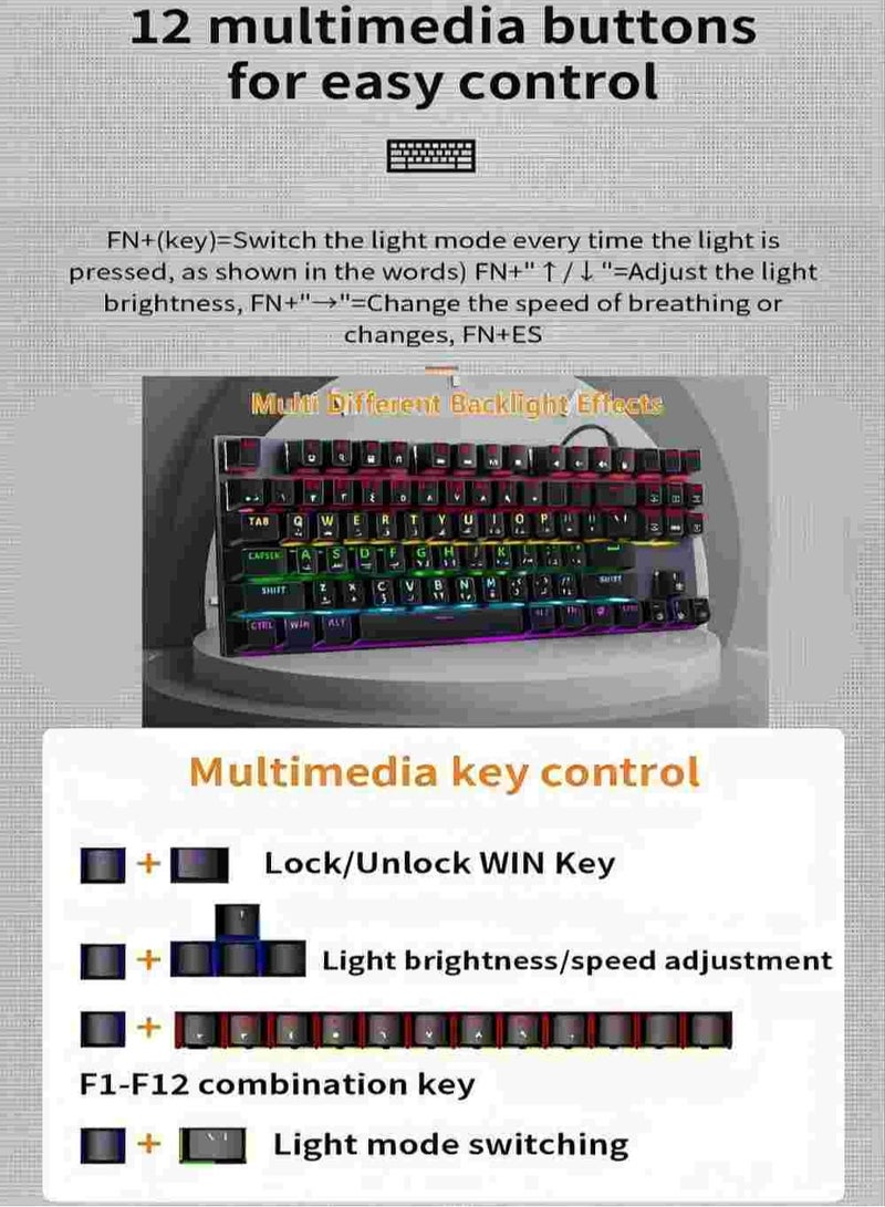 English Arabic Mechanical Gaming Keyboard with LED Backlit, 87 Keys Quick Response USB Interface Esport Waterproof Wired Keyboard for Windows,MacOS,Android PC Gamers  Black - Image 4