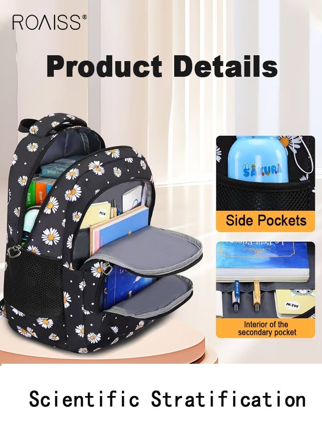 رويس أطقم حقائب ظهر 3 قطع مطبوعة بطبعات الأقحوان، طقم حقائب ظهر للبنات بطبعات الأقحوان، مجموعة حقائب مدرسية للبنات مع حقيبة غداء وحقيبة أقلام، حقيبة مدرسية كبيرة السعة مع جيوب متعددة، حقيبة نهارية خفيفة الوزن مقاومة للماء - Image 3