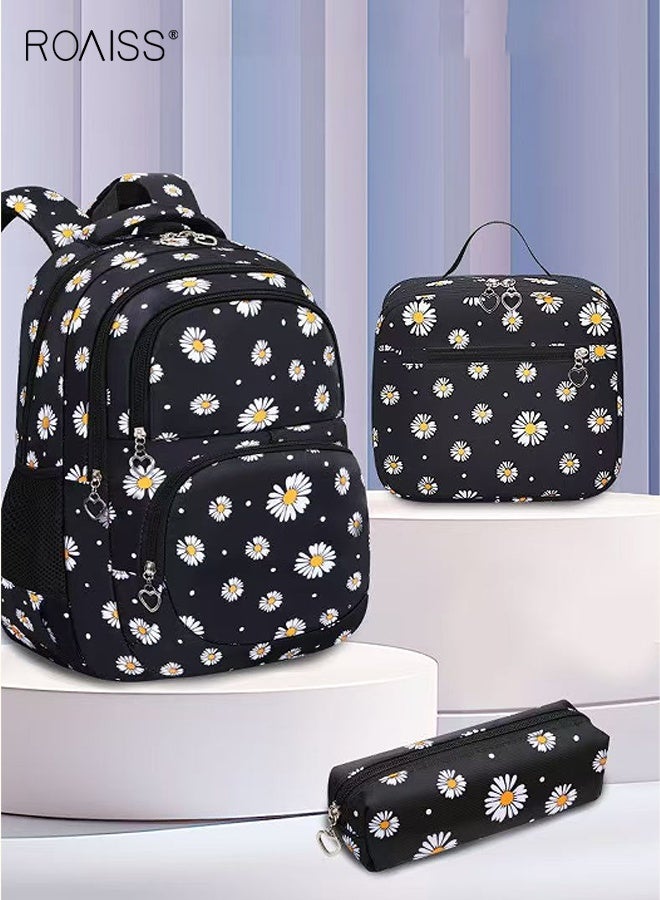 رويس أطقم حقائب ظهر 3 قطع مطبوعة بطبعات الأقحوان، طقم حقائب ظهر للبنات بطبعات الأقحوان، مجموعة حقائب مدرسية للبنات مع حقيبة غداء وحقيبة أقلام، حقيبة مدرسية كبيرة السعة مع جيوب متعددة، حقيبة نهارية خفيفة الوزن مقاومة للماء - Image 2