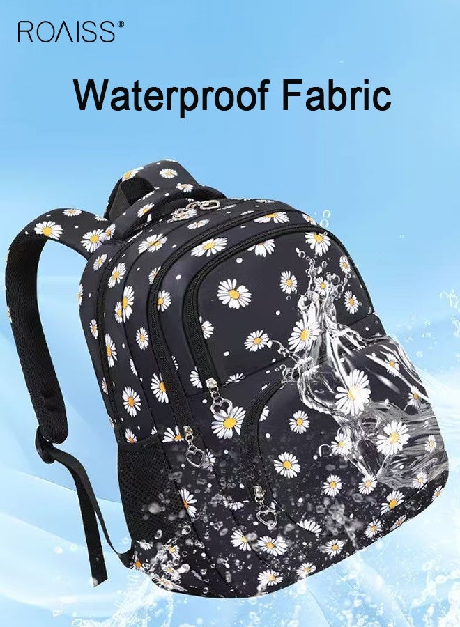 رويس أطقم حقائب ظهر 3 قطع مطبوعة بطبعات الأقحوان، طقم حقائب ظهر للبنات بطبعات الأقحوان، مجموعة حقائب مدرسية للبنات مع حقيبة غداء وحقيبة أقلام، حقيبة مدرسية كبيرة السعة مع جيوب متعددة، حقيبة نهارية خفيفة الوزن مقاومة للماء - Image 5