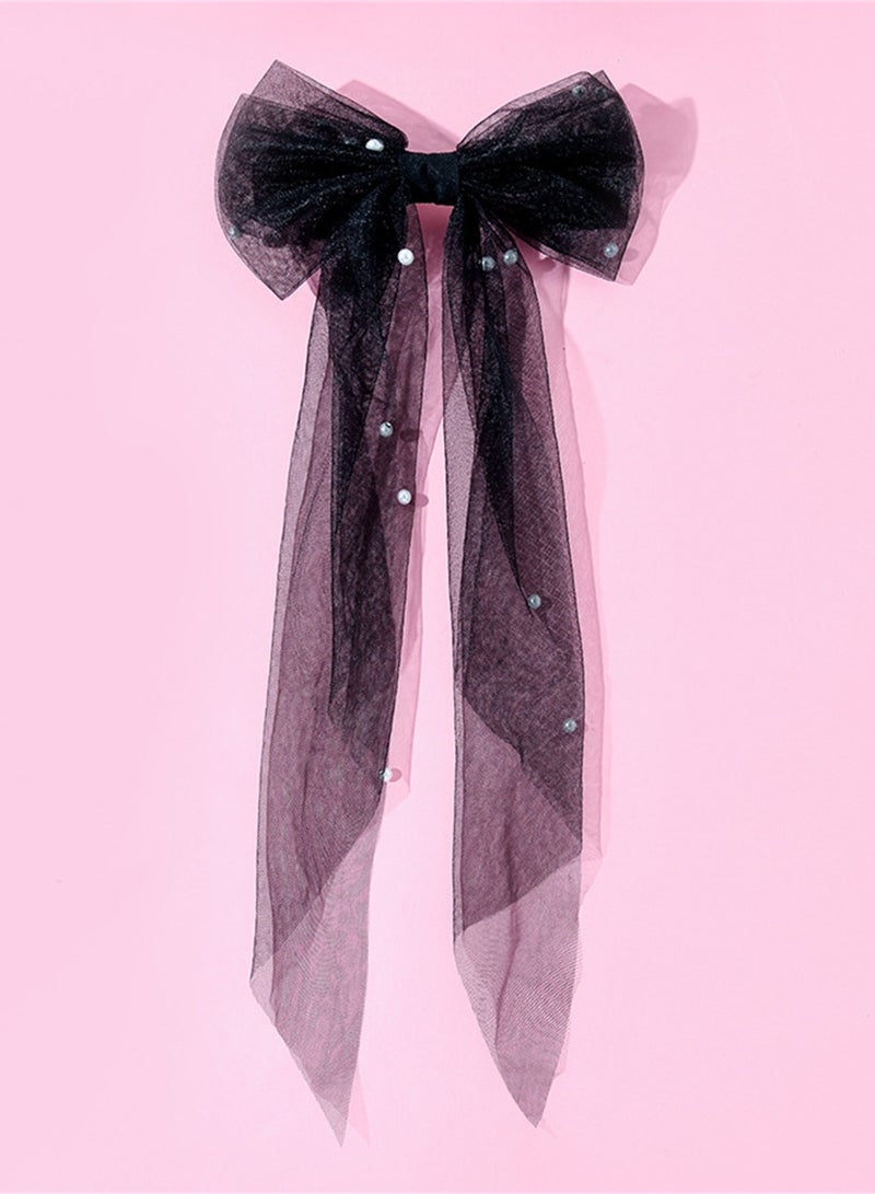 Bridal Hair Bow Veil Hair Clip,Veil Hairpins with Pearl Mesh Bow Hair Clips（Black） - Image 1