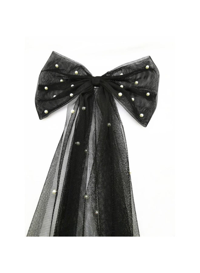 Bridal Hair Bow Veil Hair Clip,Veil Hairpins with Pearl Mesh Bow Hair Clips（Black） - Image 2