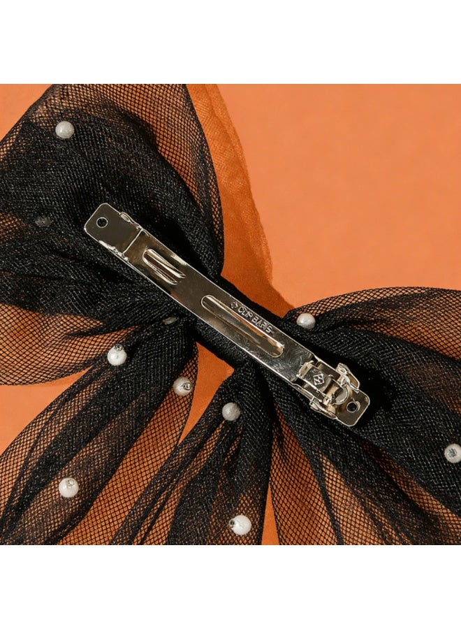 Bridal Hair Bow Veil Hair Clip,Veil Hairpins with Pearl Mesh Bow Hair Clips（Black） - Image 3
