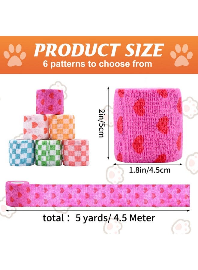 Kreyfer 6 Roll 2 Inch X 5 Yards Checkered And Heart Print Pet Vet Wrap For Dogs Cats, Cohesive Bandages In Bulk, Non-Woven Self Adhesive Bandages Wrap Roll For Animals Wound Care, Ankle Sprains And Swelling - Image 2
