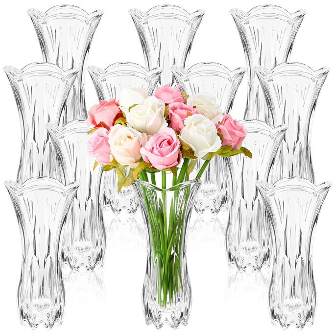 12 PCS GLASS FLOWER VASE PHOENIX TAIL SHAPE CLEAR TALL VASES FOR FLOWERS THICKENED DECORATIVE CRYSTAL VASE FOR HOME WEDDING GIFT BOUQUET BUD OFFICE TABLE CENTERPIECE DECOR 775 X 377 INCH