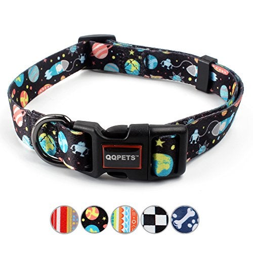 QQPETS Adjustable Soft Dog Collar: Print Flower Pink Multicolor Cute Patterns for XS Small Medium Large Pet Girl Boy Puppy Walking Running Training (L, Space) - Image 1
