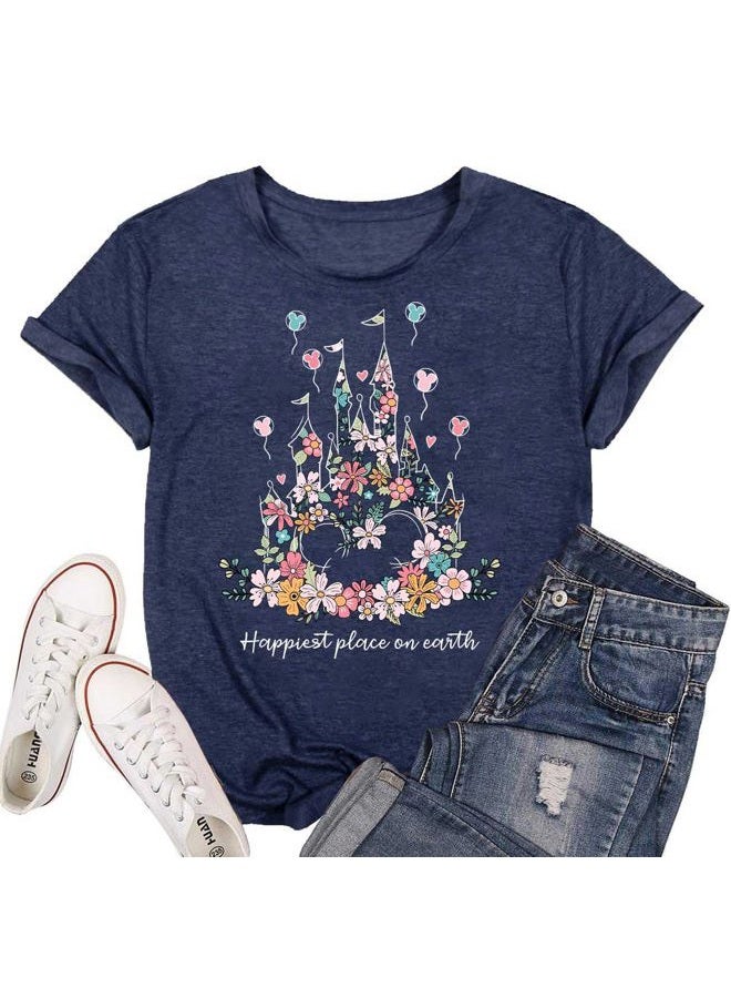 Frizty Magical Shirt for Women Happiest Place On Earth T-Shirt Balloon Flower Graphic Short Sleeve Tops Holiday Tee, Blue 01, M - Image 1