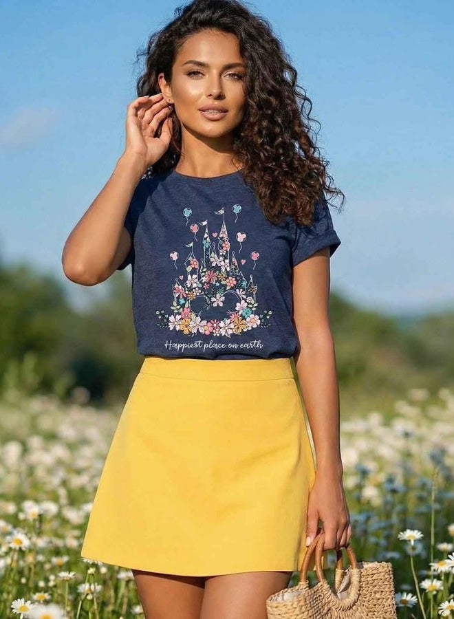 Frizty Magical Shirt for Women Happiest Place On Earth T-Shirt Balloon Flower Graphic Short Sleeve Tops Holiday Tee, Blue 01, M - Image 5