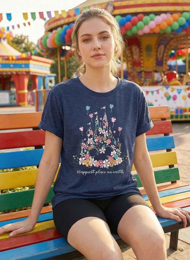 Frizty Magical Shirt for Women Happiest Place On Earth T-Shirt Balloon Flower Graphic Short Sleeve Tops Holiday Tee, Blue 01, M - Image 3