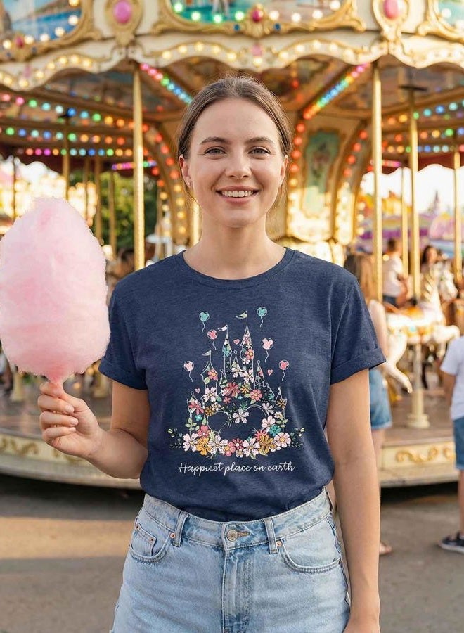 Frizty Magical Shirt for Women Happiest Place On Earth T-Shirt Balloon Flower Graphic Short Sleeve Tops Holiday Tee, Blue 01, M - Image 4