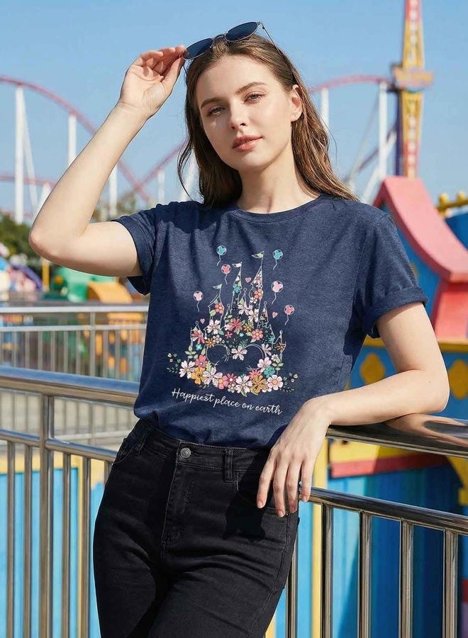 Frizty Magical Shirt for Women Happiest Place On Earth T-Shirt Balloon Flower Graphic Short Sleeve Tops Holiday Tee, Blue 01, M - Image 2