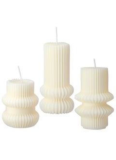 Mtlee MTLEE 3 Pcs Small Ribbed Pillar Candles Scented Pillar Candle Decorative Candles Soy Wax Aesthetic Candle 4.7, 4.2, 3.2 in Height Modern Geometric Home Decor for Bathroom Living Room(White)  - Image 1