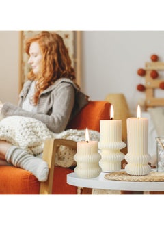Mtlee MTLEE 3 Pcs Small Ribbed Pillar Candles Scented Pillar Candle Decorative Candles Soy Wax Aesthetic Candle 4.7, 4.2, 3.2 in Height Modern Geometric Home Decor for Bathroom Living Room(White)  - Image 5