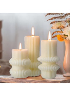 Mtlee MTLEE 3 Pcs Small Ribbed Pillar Candles Scented Pillar Candle Decorative Candles Soy Wax Aesthetic Candle 4.7, 4.2, 3.2 in Height Modern Geometric Home Decor for Bathroom Living Room(White)  - Image 3