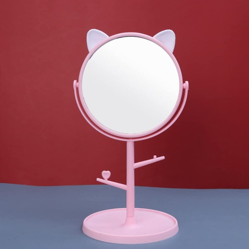 Leeonz Desk Mirror in Cute Cat Ears Shape Makeup Vanity Mirror for Bathroom or Bedroom Desk Mirror for Makeup Freestanding Mirror Folding Design for Tabletop Pink - Image 1