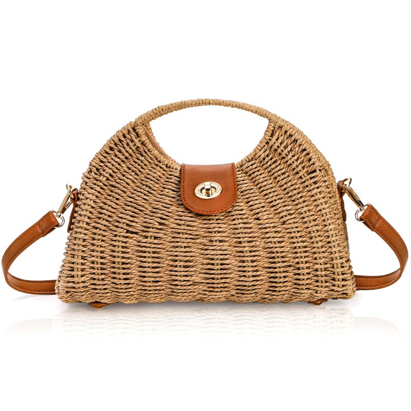 ZAVOOS Straw Crossbody Bag for Women, Handwoven Rattan Beach Straw Purse with Handle, Detachable Strap, Fashionable Dumpling Bag Shoulder Handbag Clutch Purse for Travel, Holiday - Image 1