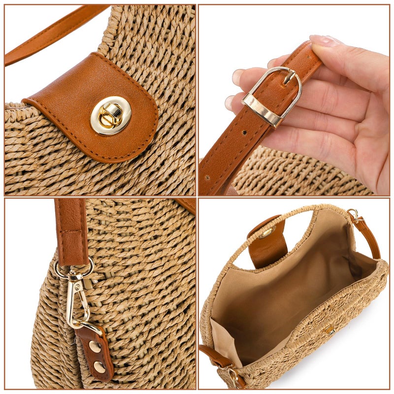 ZAVOOS Straw Crossbody Bag for Women, Handwoven Rattan Beach Straw Purse with Handle, Detachable Strap, Fashionable Dumpling Bag Shoulder Handbag Clutch Purse for Travel, Holiday - Image 4