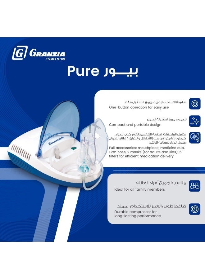 Granzia Pure Compressor Nebulizer – Steam Inhaler Machine for Adults & Kids – With Medicine Cup, Adult & Child Masks - Image 3