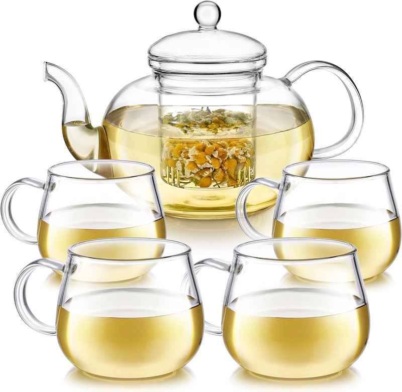 Teabloom Heatproof Glass Teapot Set with Removable Loose Tea Infuser (Standard Size: 32oz/946ml) and Four Borosilicate Glass Teacups (7oz/207ml) - Lead-free Complete Tea Set - Image 1