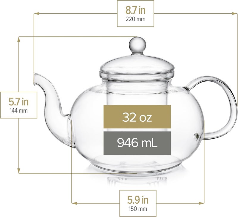 Teabloom Heatproof Glass Teapot Set with Removable Loose Tea Infuser (Standard Size: 32oz/946ml) and Four Borosilicate Glass Teacups (7oz/207ml) - Lead-free Complete Tea Set - Image 5