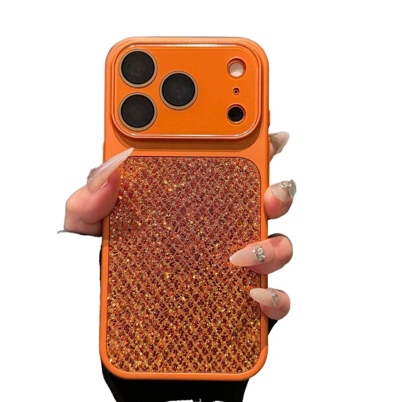 غطاء واقي بPC لـ iPhone 15 / 15 Plus / 15 Pro / 15 Pro Max باللون برتقالي مع نمط لامع ونمط شبكي ماسي مع مقاوم للصدمات مع مقاوم لبصمات الأصابع سهل الحمل للتخزين العملي - Image 1