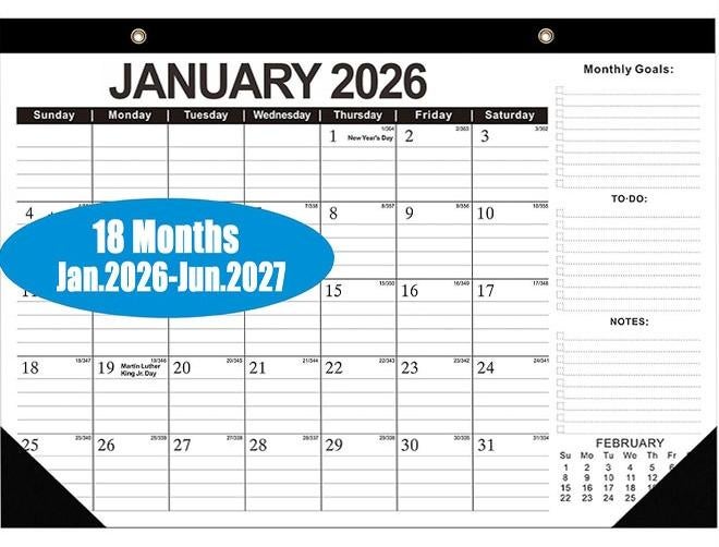 تقويم مكتبي 2026 - تقويم حائطي من يناير 2026 إلى يونيو 2027، تقويم شهري كبير بحجم 17 × 12 بوصة مع غطاء شفاف مقاوم للماء لتنظيم مكتب المنزل أو المدرسة أو المكتب - Image 1